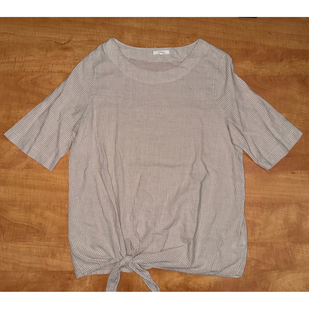 Pleione Tan White Striped Front Tie Knot‎ Blouse Short Sleeve Rayon Top Large